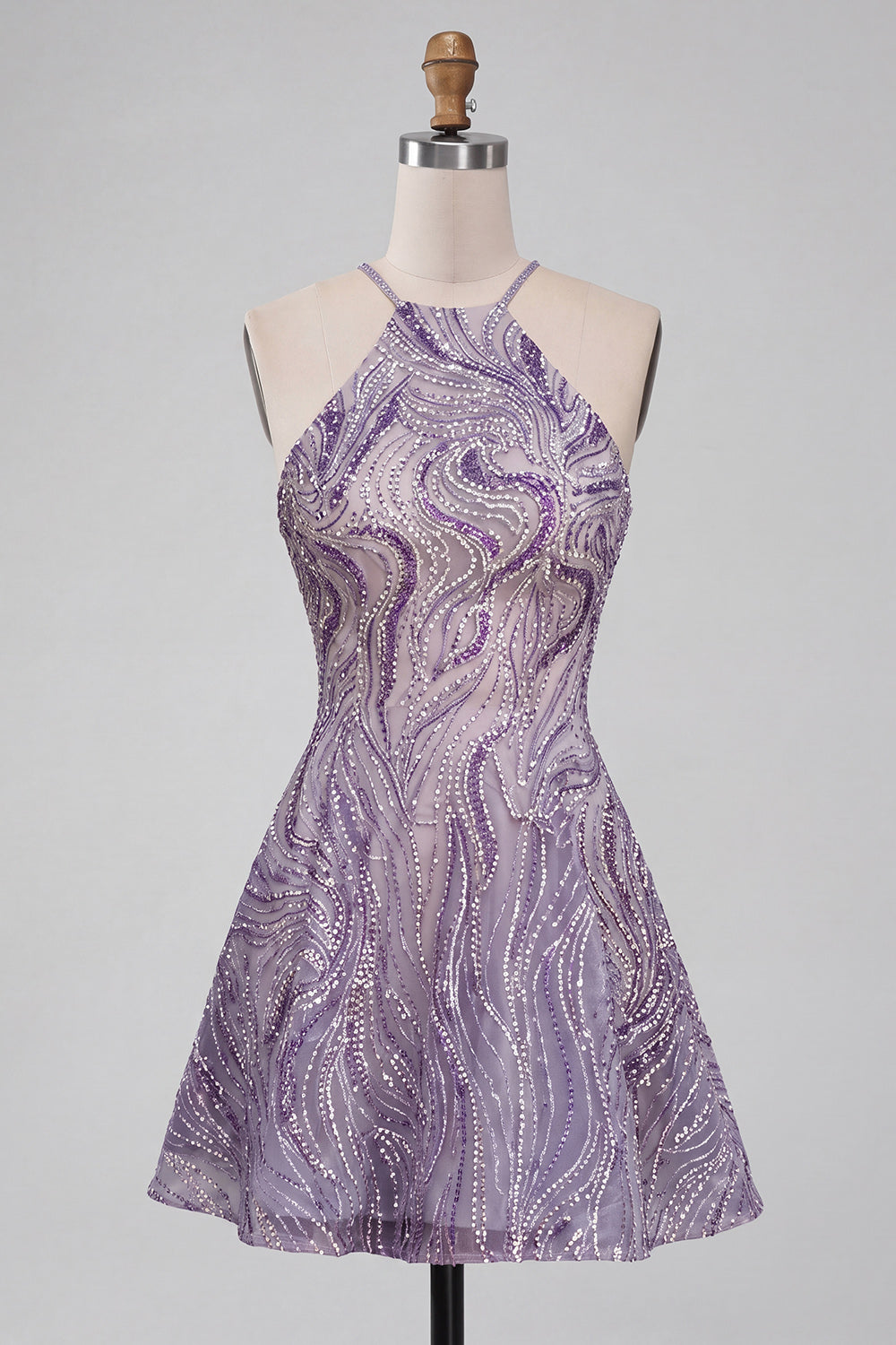 Robe de bal courte trapèze lilas à col montant et perles