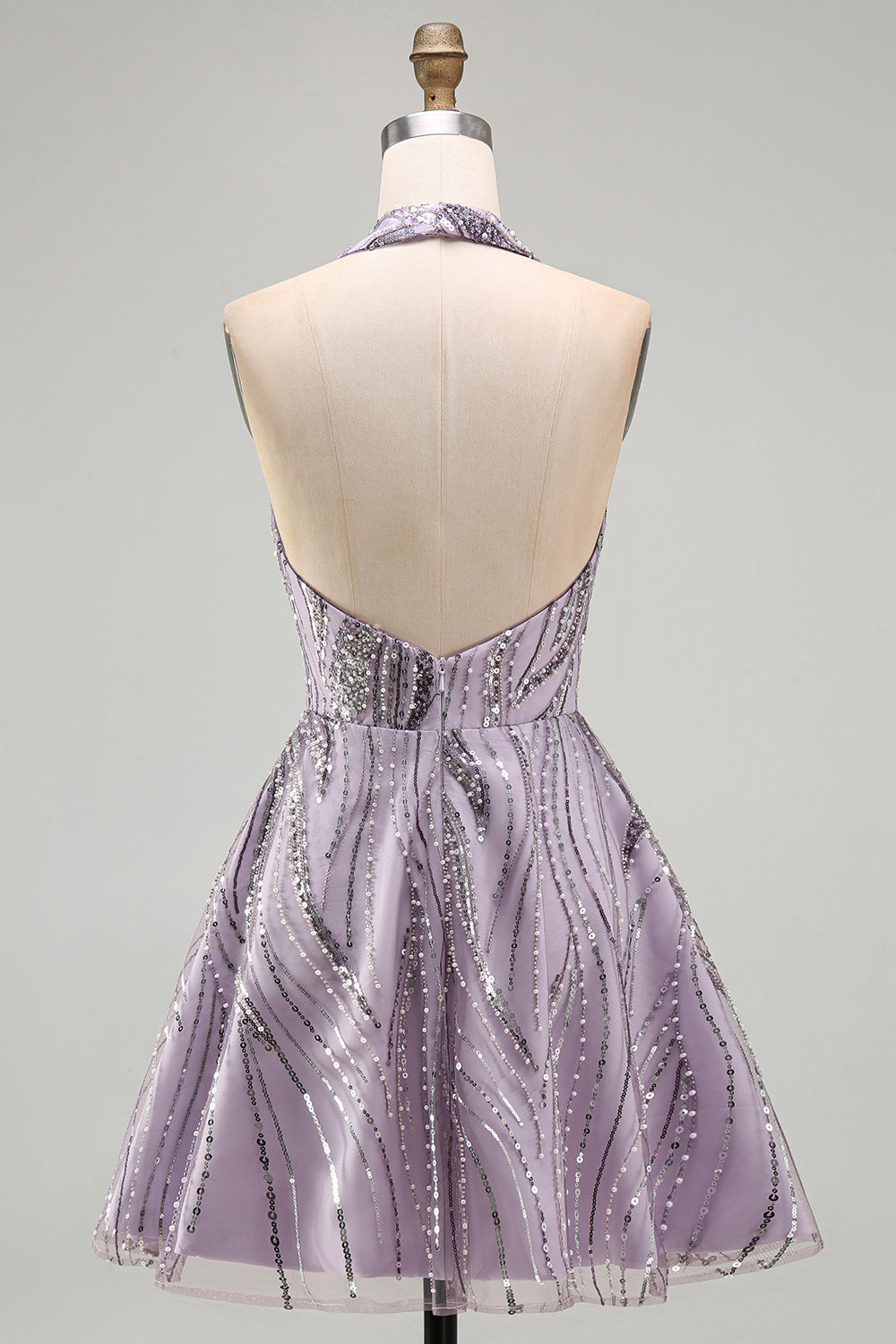 A-Line Lilac Halter Neck Backless Short Birthday Dress with Sequins