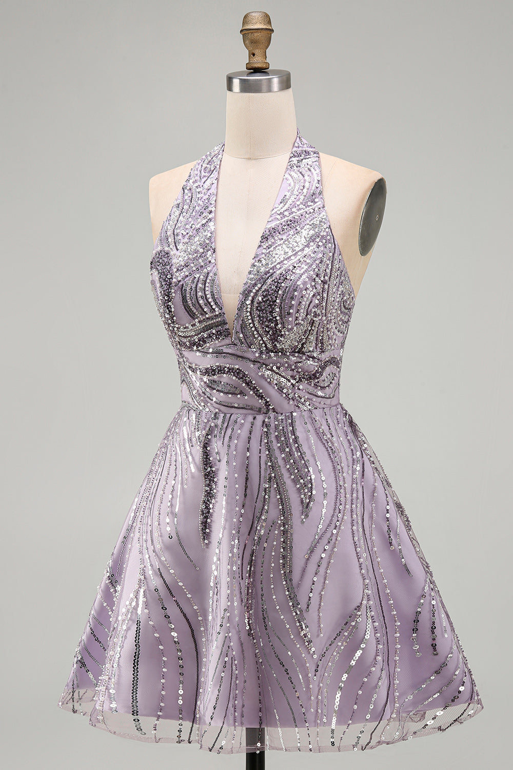 A-Line Lilac Halter Neck Backless Short Birthday Dress with Sequins