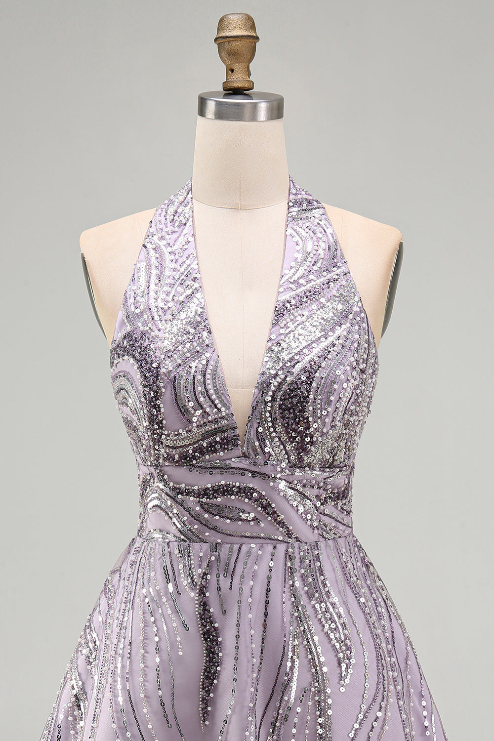 A-Line Lilac Halter Neck Backless Short Birthday Dress with Sequins