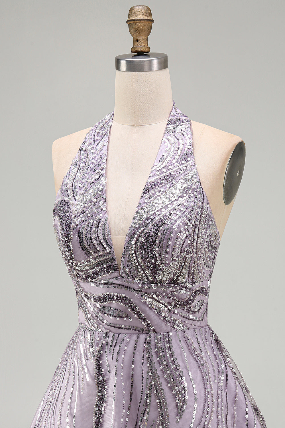 A-Line Lilac Halter Neck Backless Short Birthday Dress with Sequins