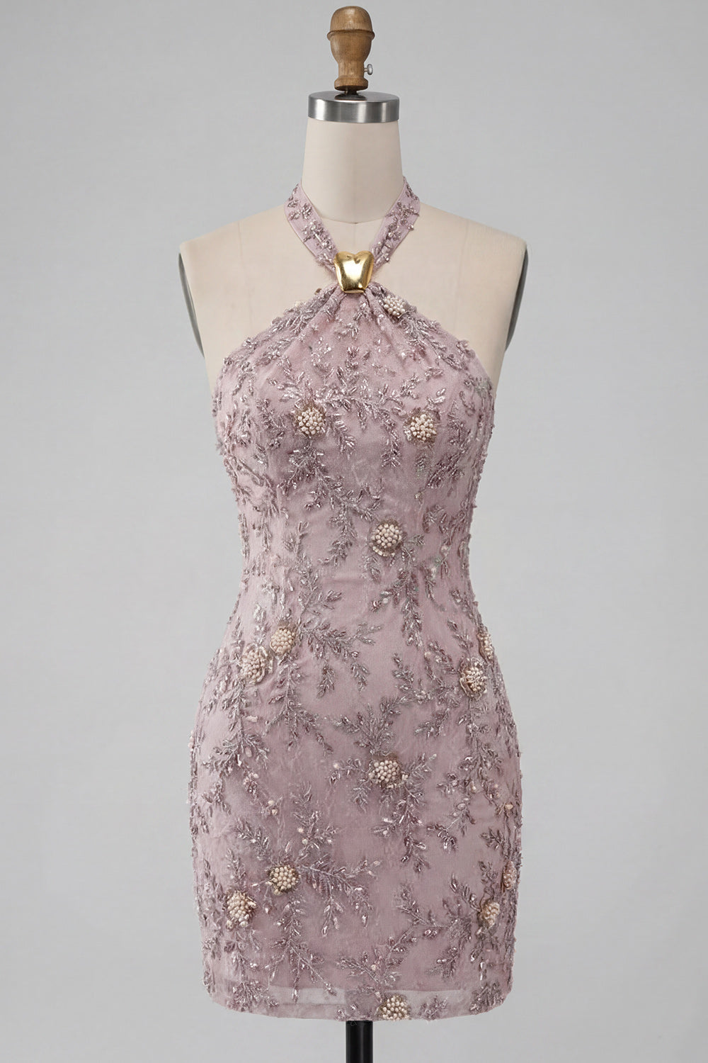 Fog Halter Neck Bodycon Pearl Floral Short Homecoming Dress with Beading