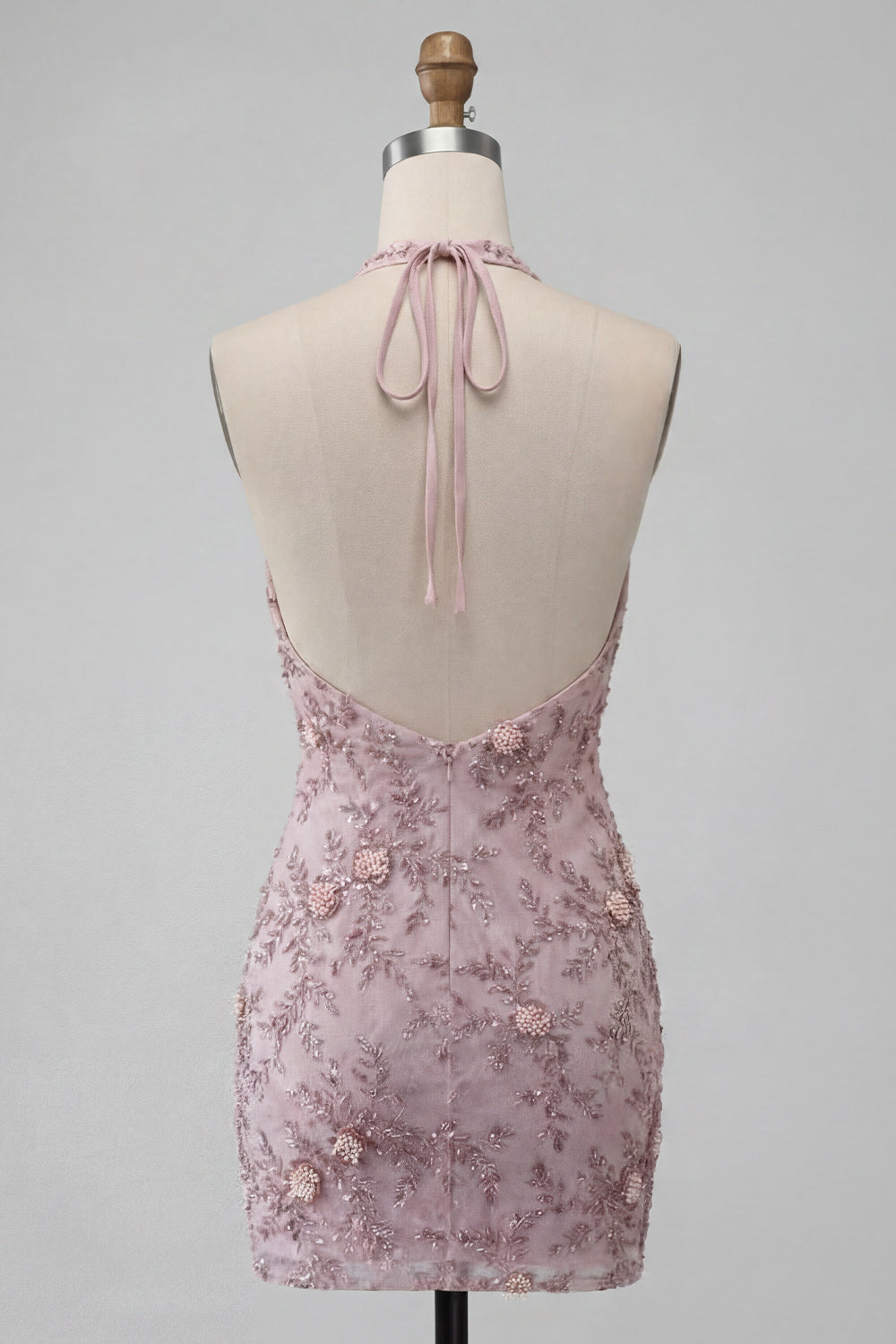 Fog Halter Neck Bodycon Pearl Floral Short Homecoming Dress with Beading
