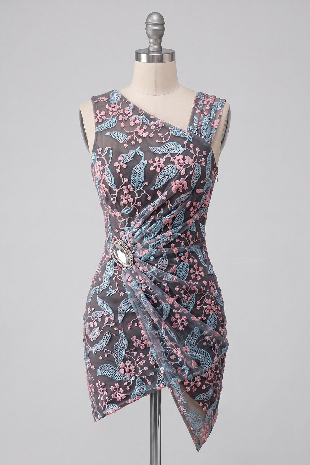 Black Bodycon Floral Ruched Short Cocktail Dress with Embroidery