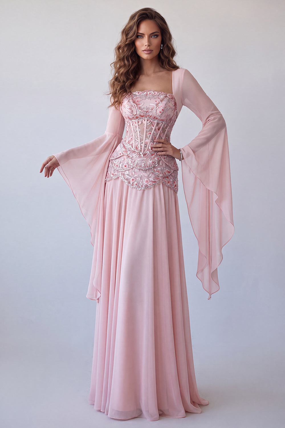 Light Pink Flare Sleeves Corset A-Line Sequin Long Formal Dress