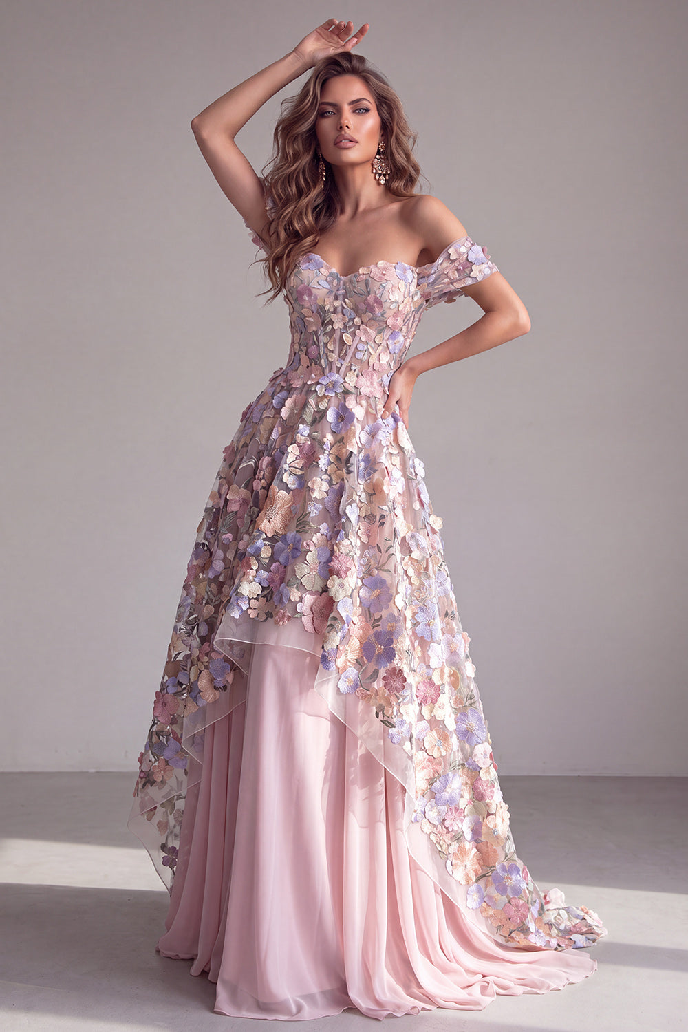 Pink 3D Floral Appliques A-Line Off The Shoulder Corset Long Formal Dress