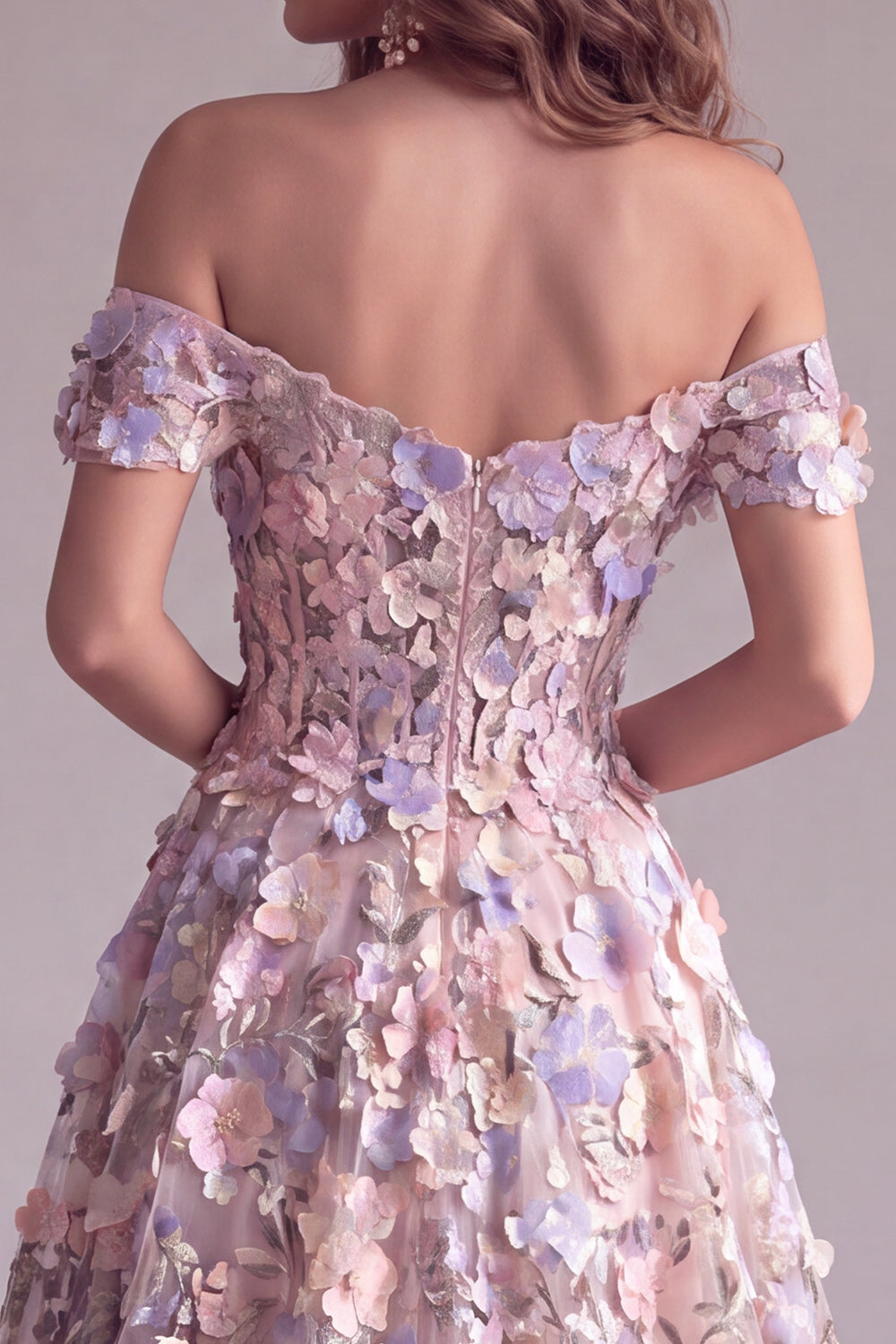 Pink 3D Floral Appliques A-Line Off The Shoulder Corset Long Formal Dress
