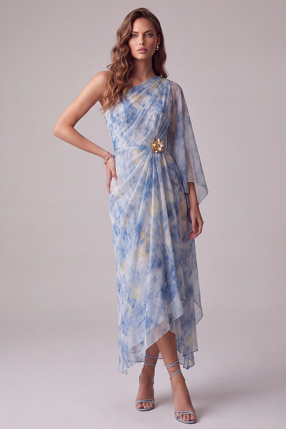 Floral Dusty BLue Asymmetrical Sheath Ruched Formal Dress with 3D Flower