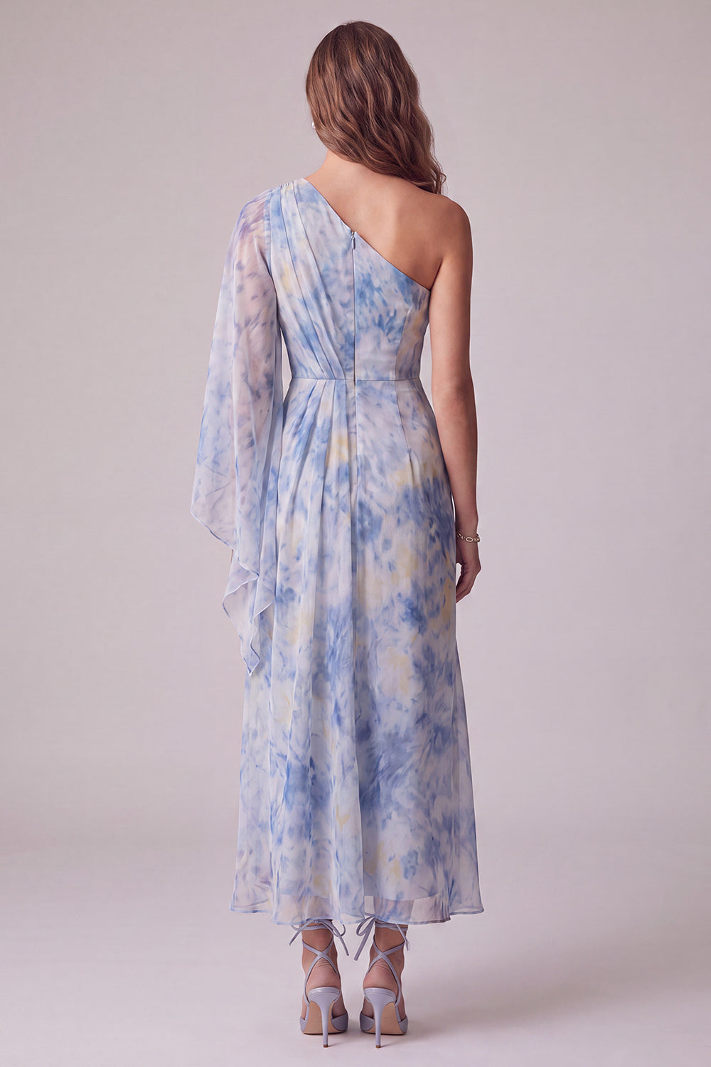 Floral Dusty BLue Asymmetrical Sheath Ruched Formal Dress with 3D Flower