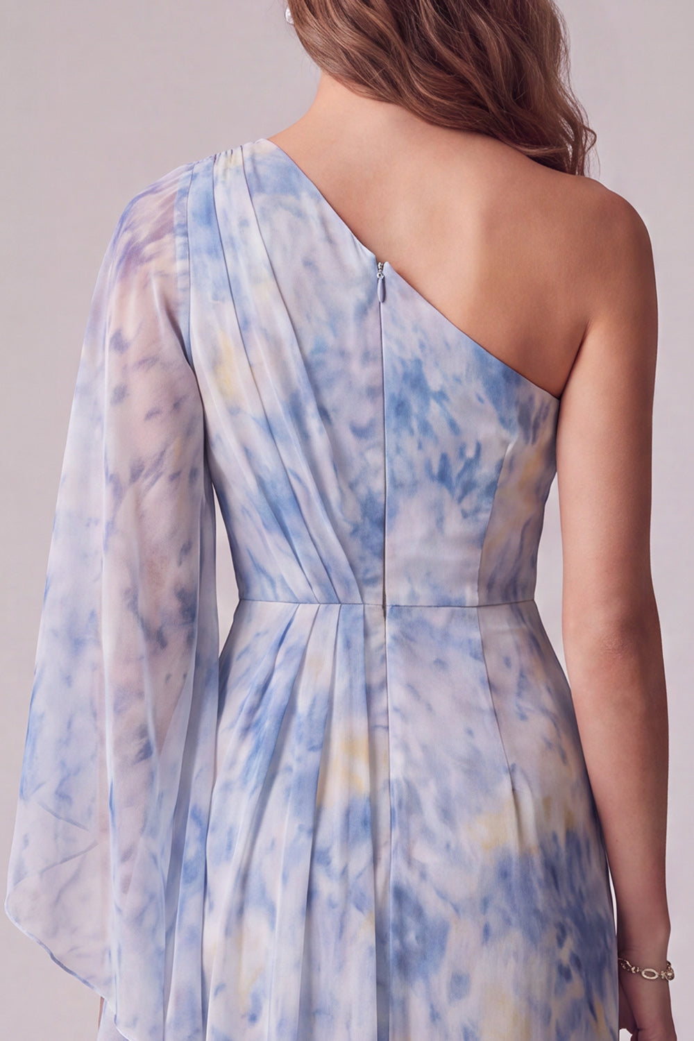 Floral Dusty BLue Asymmetrical Sheath Ruched Formal Dress with 3D Flower