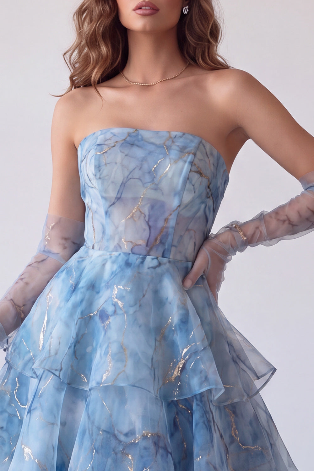 Dusty Blue A-Line Corset Tiered Ruffle Strapless Long Prom Dress