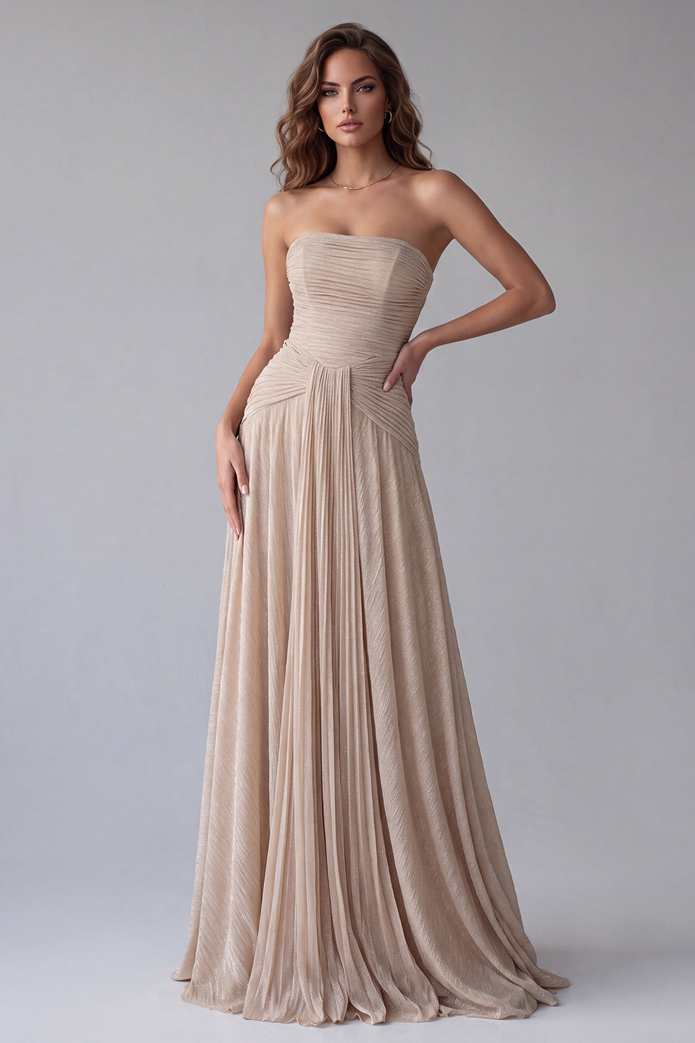 Champagne Strapless A-Line Ruched Long Formal Dress