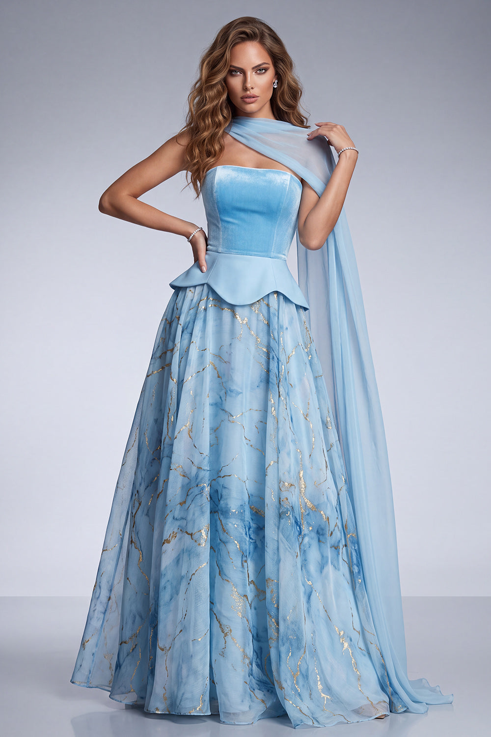 Sky Blue A-Line Corset Strapless Long Prom Dress with Side Cape