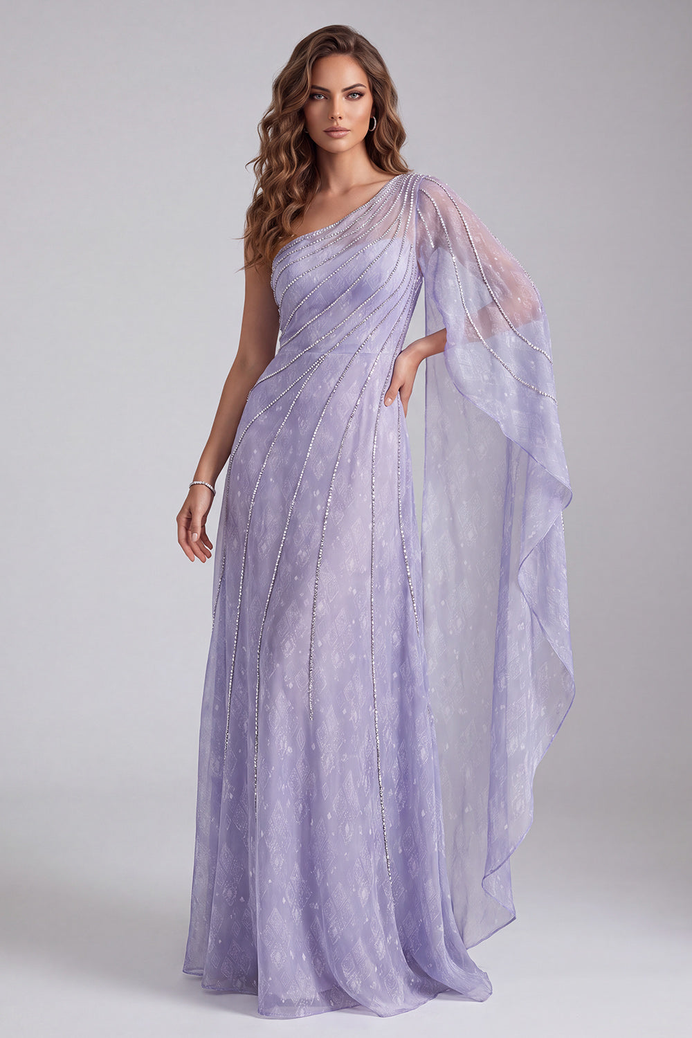 Lilac A-Line Beaded One Shoulder Formal Dress with Side Cape