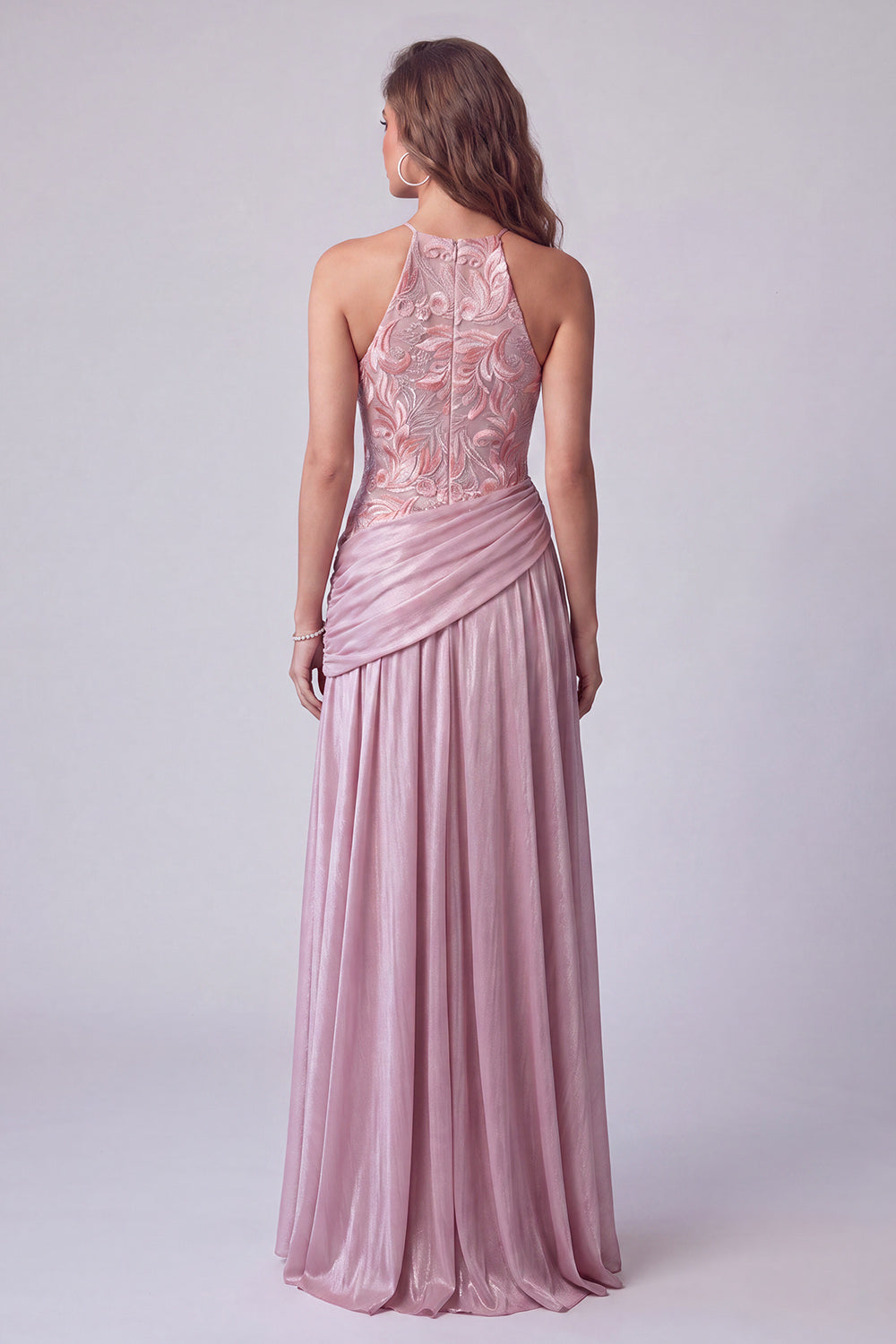 Pink A-Line Floral Embroidery Long Formal Dress