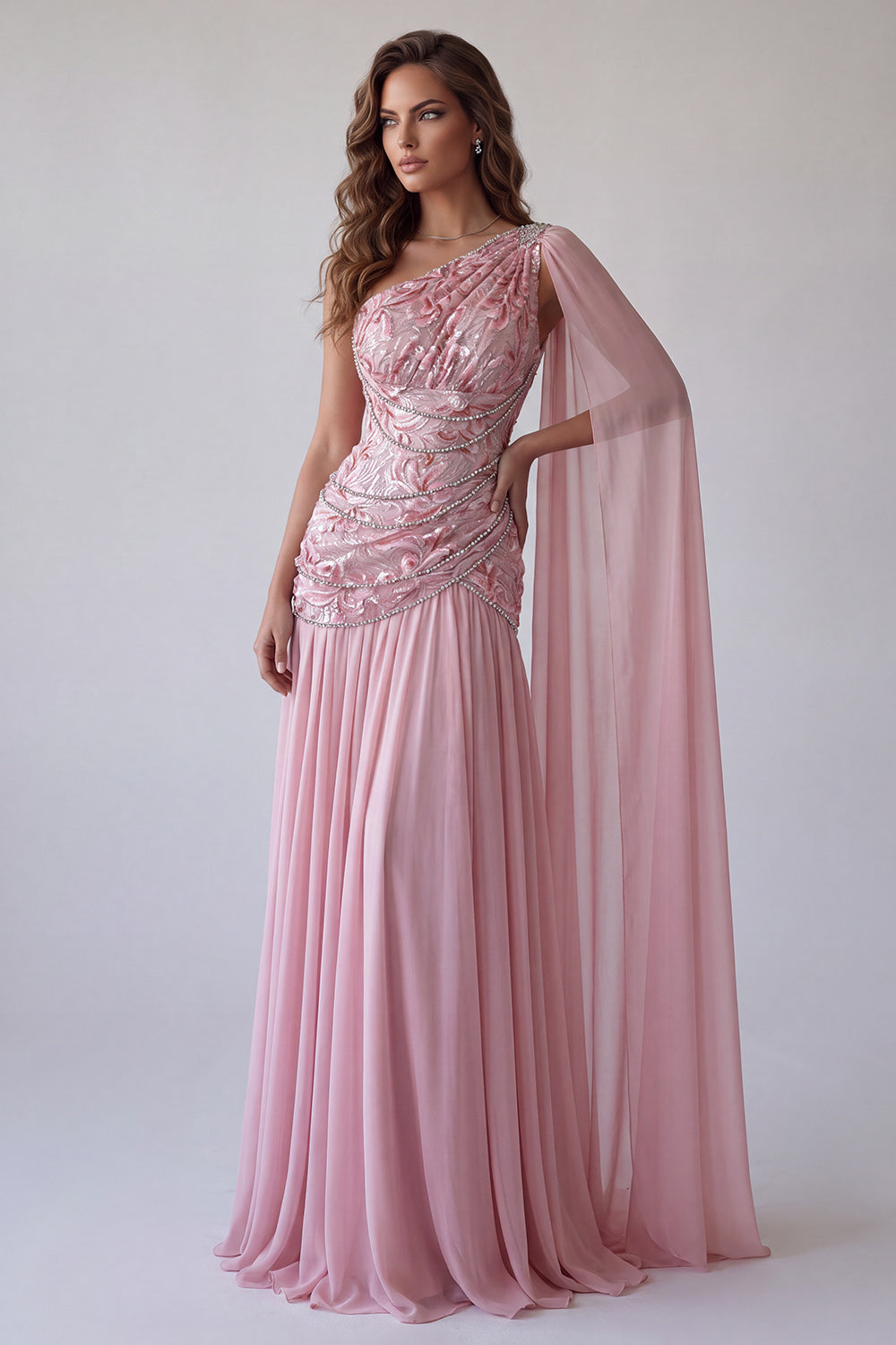 Pink Beaded Ruched One Shoulder Formal Dress with Side Cape