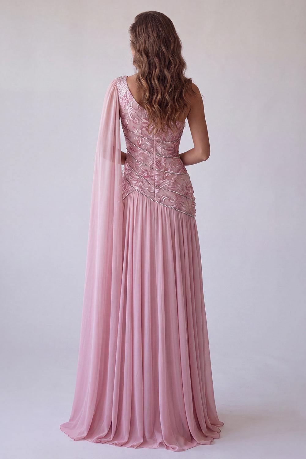 Pink Beaded Ruched One Shoulder Formal Dress with Side Cape