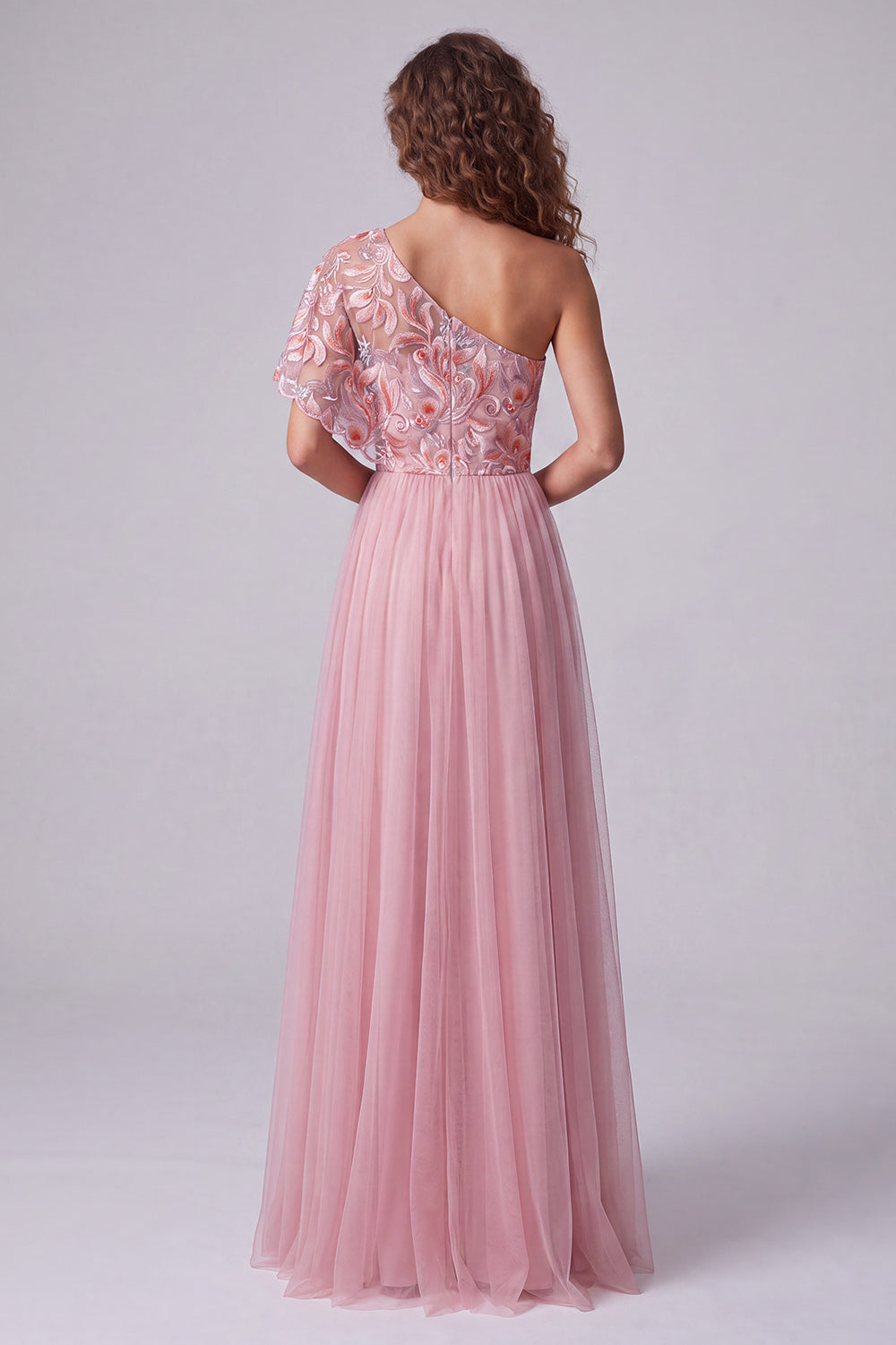 Pink Embroidery One Shoulder A-Line Long Formal Dress