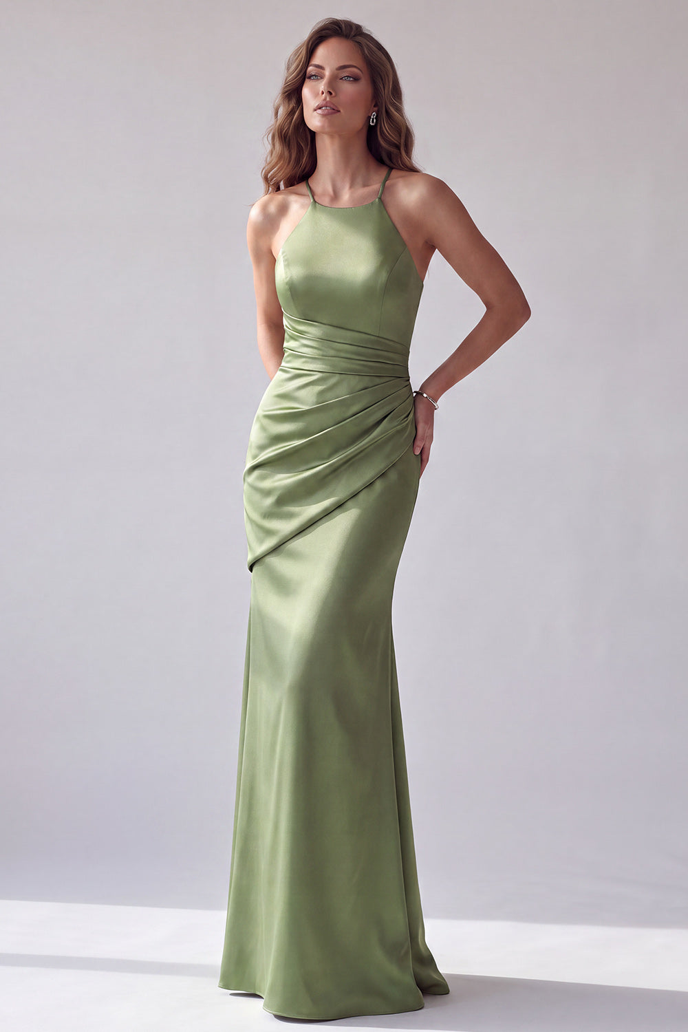 Green Ruched Mermaid Halter Crossed Straps Long Formal Dress