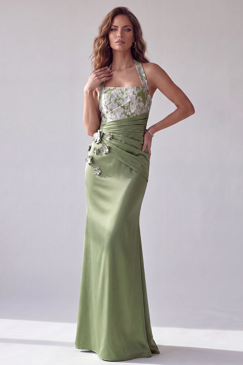 Green Merimaid Floral Appliques Ruched Halter Formal Dress