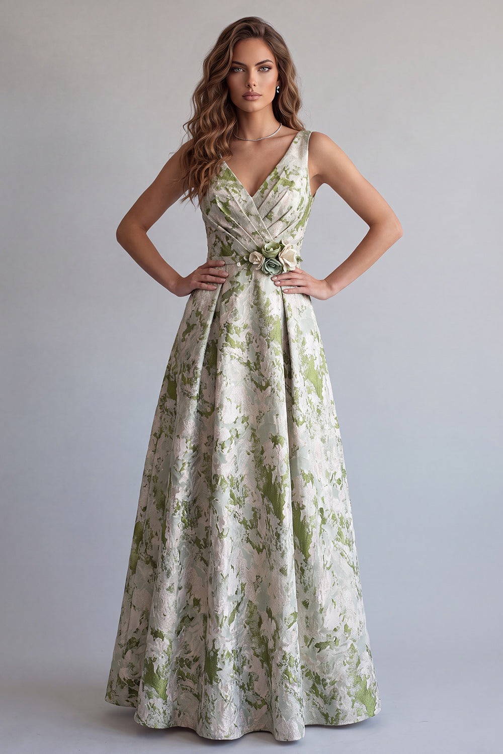 Light Green Floral Ruched Jacquard A-Line Formal Dress with 3D Flower