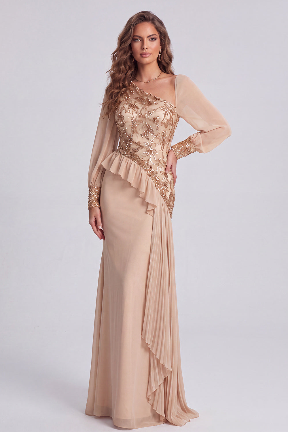 Champagne Sequin Floral Asymmetrical Formal Dress with Side Streamer