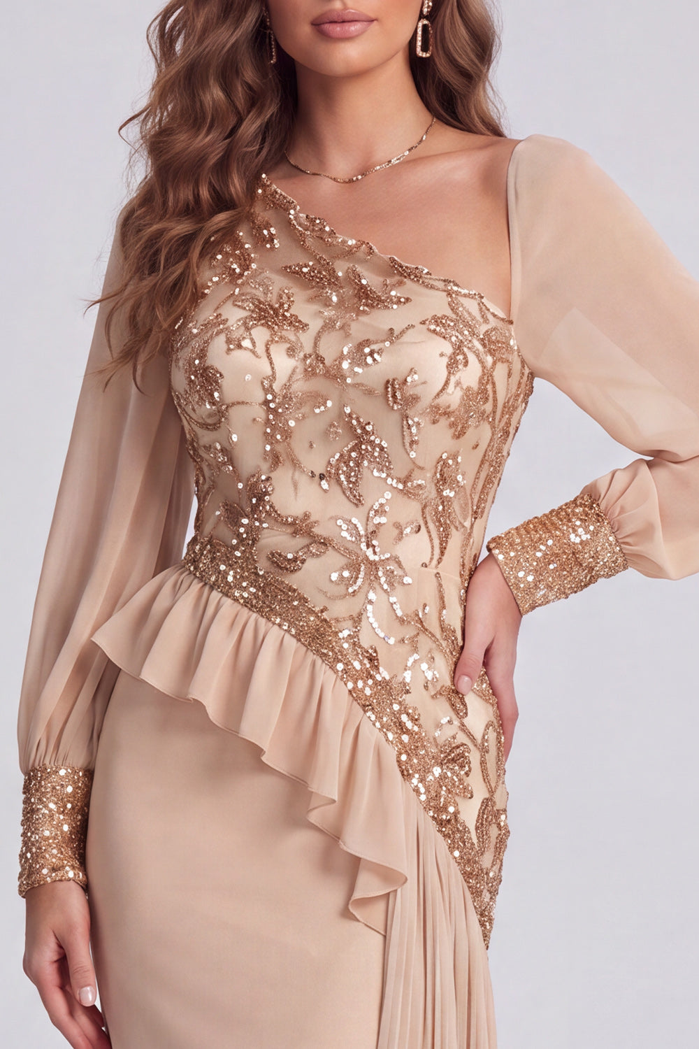 Champagne Sequin Floral Asymmetrical Formal Dress with Side Streamer