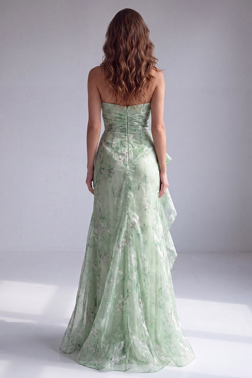 Robe de soirée sirène verte bustier plissée à fleurs et volants