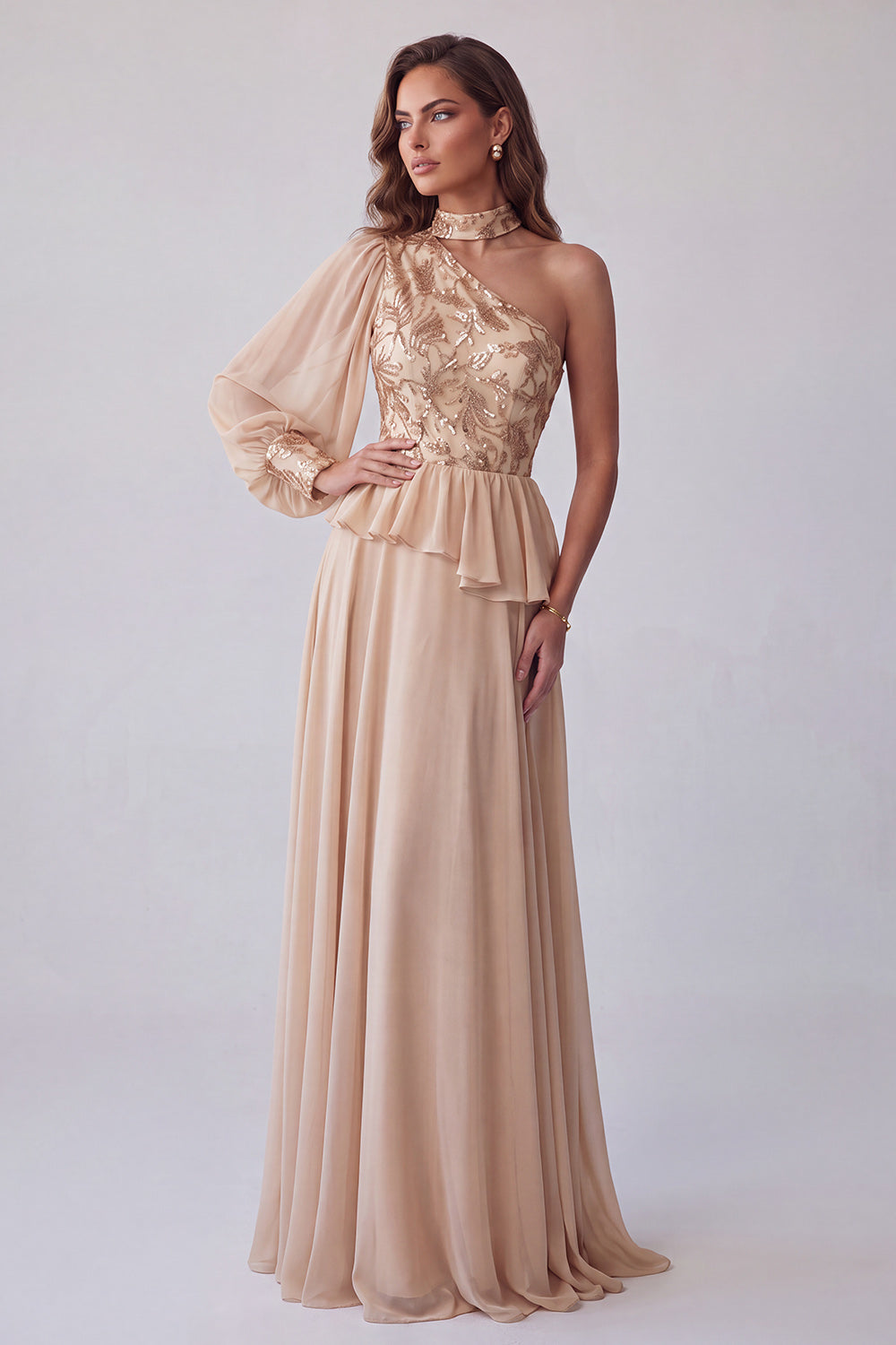 Champagne Asymmtrical Halter Floral Embroidery A-Line Formal Dress