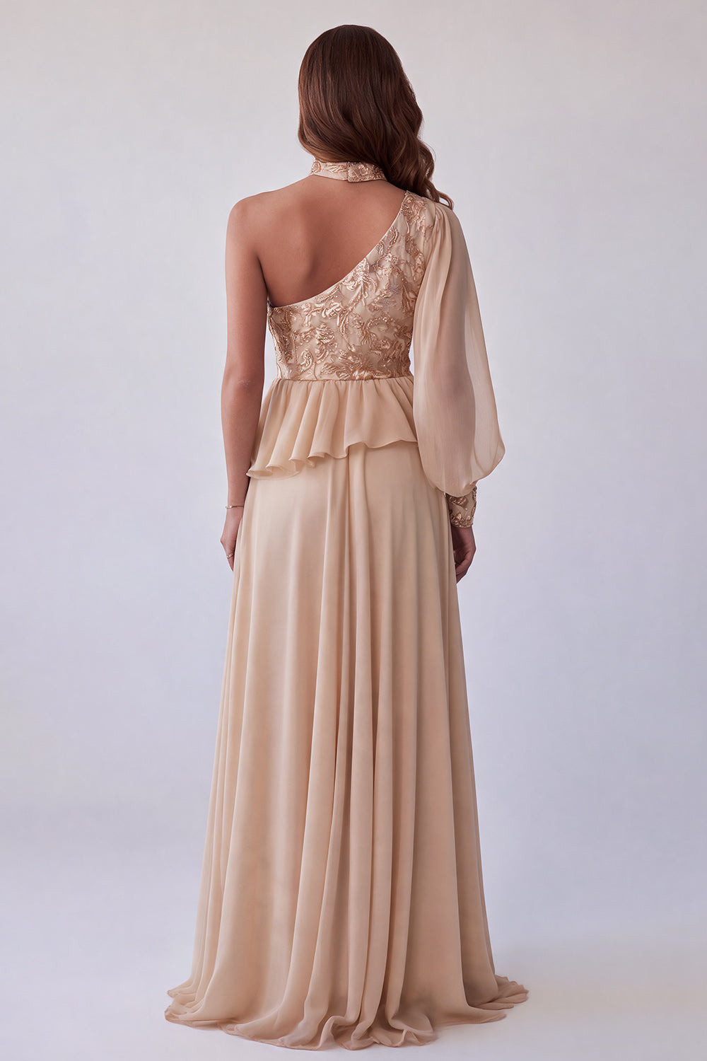Champagne Asymmtrical Halter Floral Embroidery A-Line Formal Dress