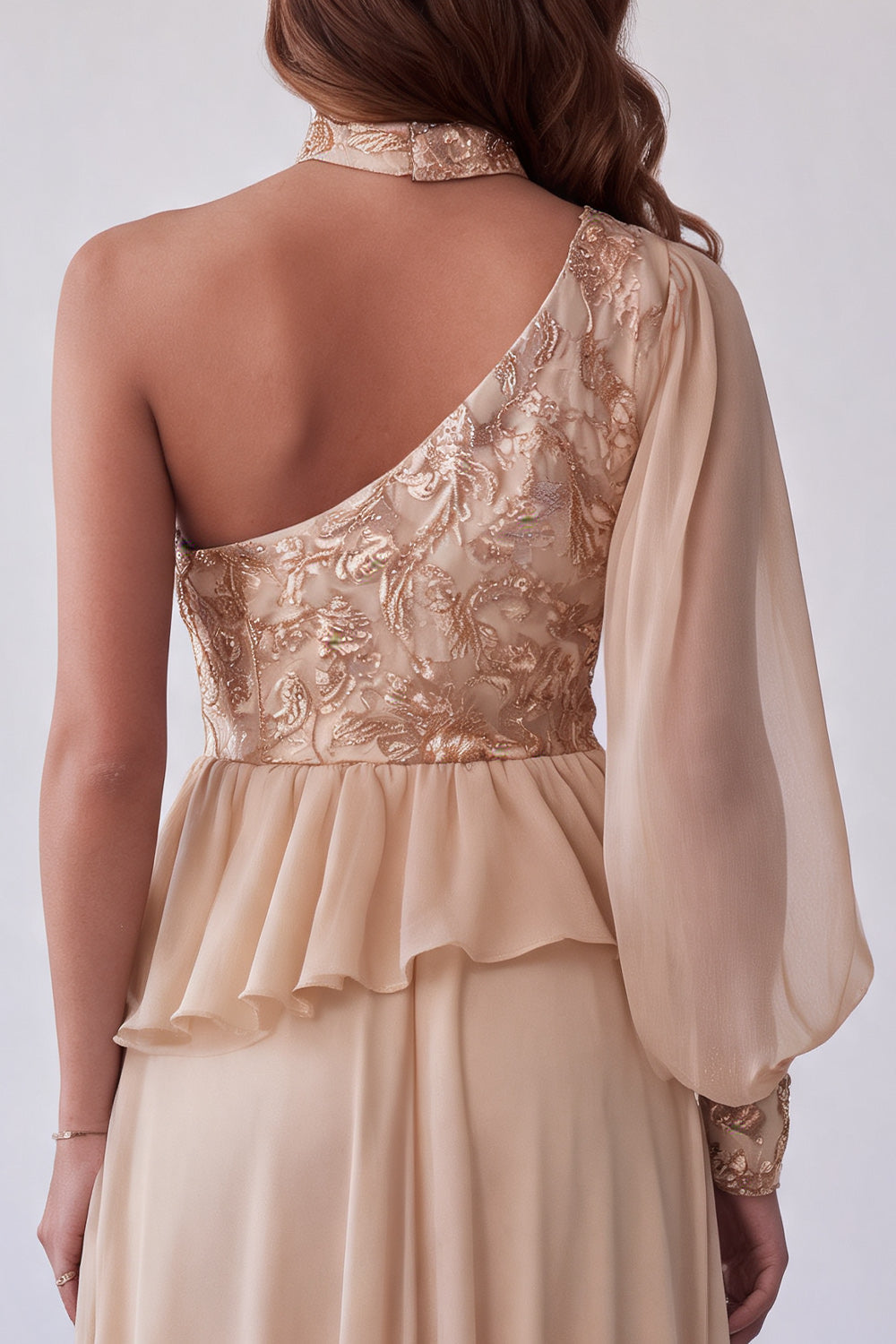 Champagne Asymmtrical Halter Floral Embroidery A-Line Formal Dress