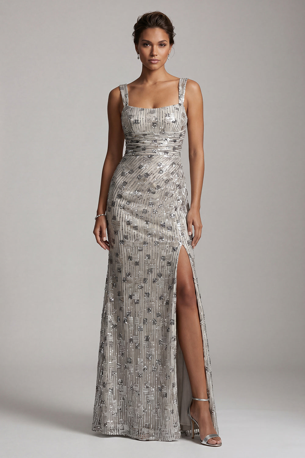 Silver Mermaid Square Neck Beaded Long Mother of the Bride Dress with Slit