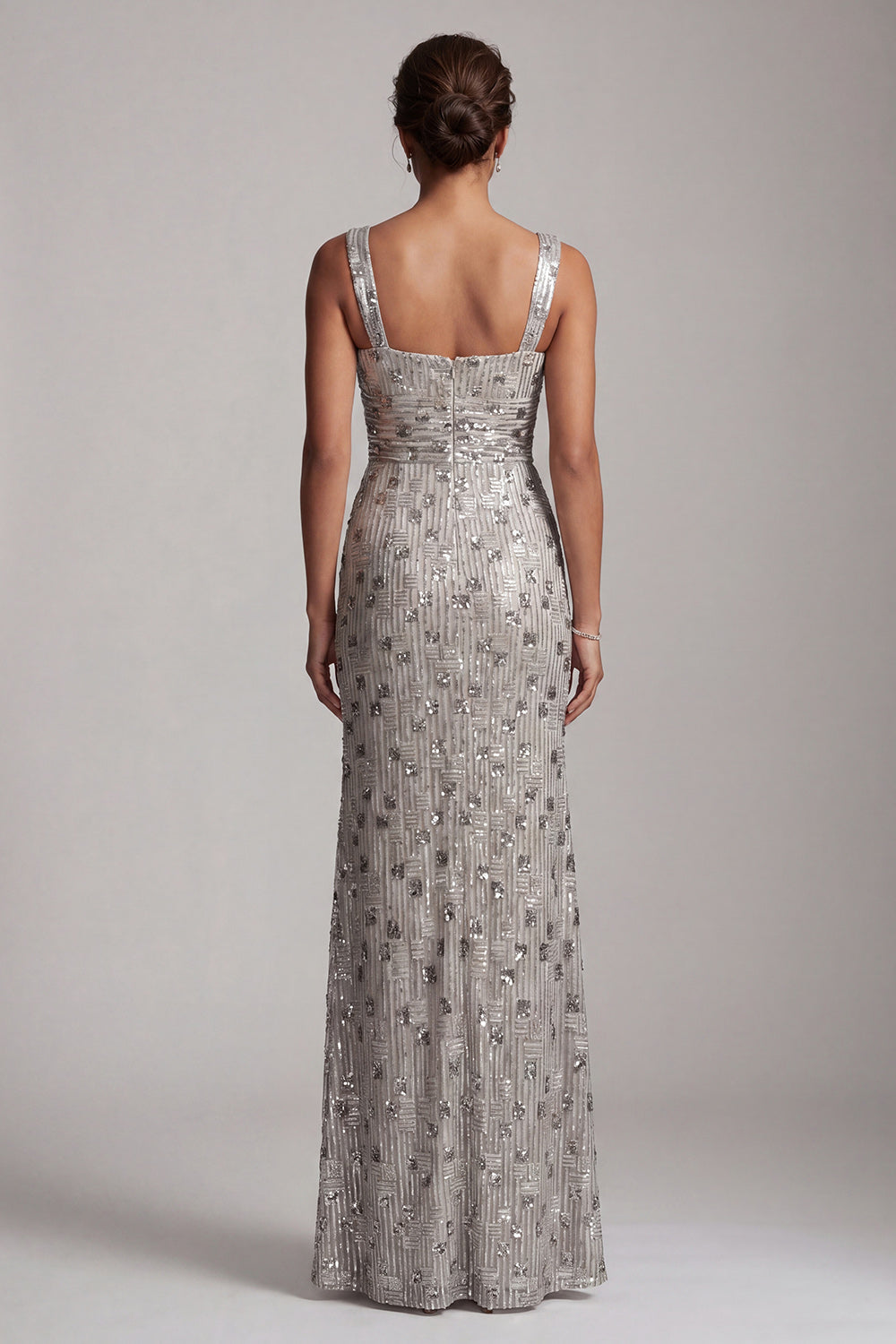 Silver Mermaid Square Neck Beaded Long Mother of the Bride Dress with Slit