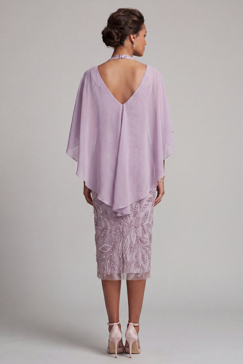 Halter Neck Lilac Bodycon Beaded Floral Midi Mother of the Bride Dress with Cape