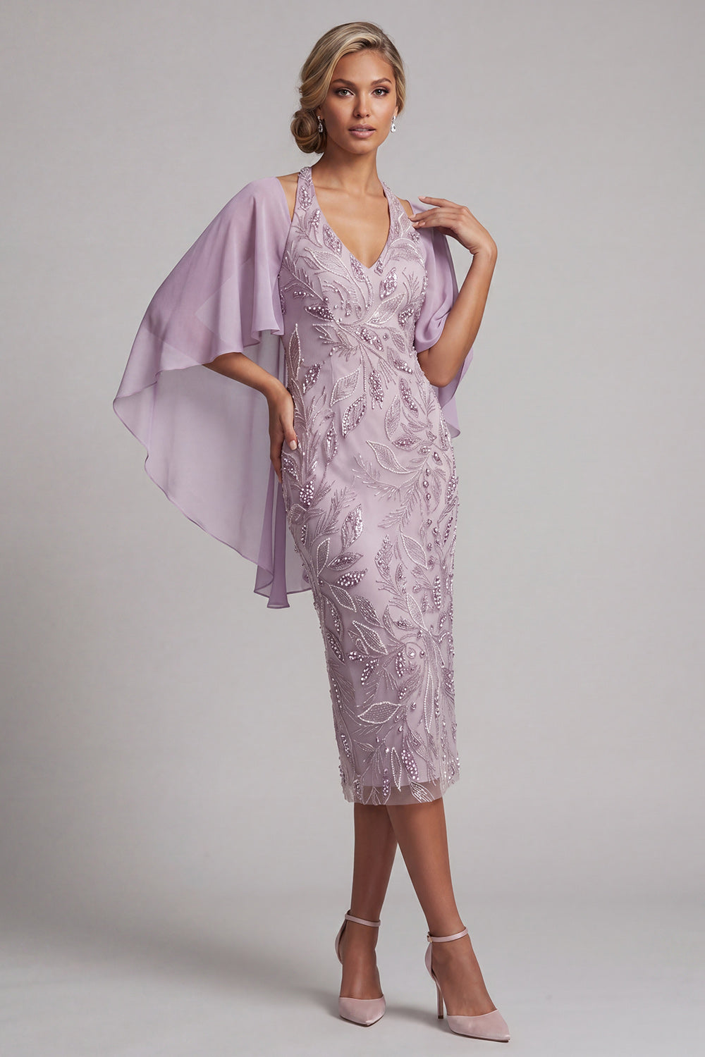 Halter Neck Lilac Bodycon Beaded Floral Midi Mother of the Bride Dress with Cape