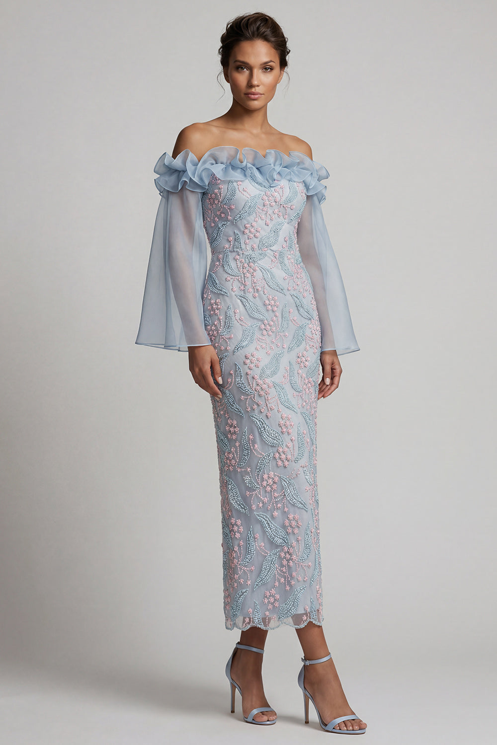 Off the Shoulder Dusty Blue Bodycon Floral Beaded Long Mother of the Bride Dress with Ruffles