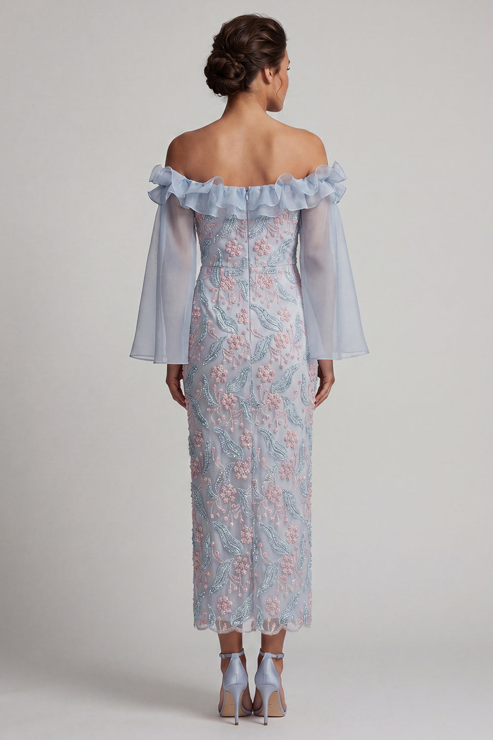 Off the Shoulder Dusty Blue Bodycon Floral Beaded Long Mother of the Bride Dress with Ruffles