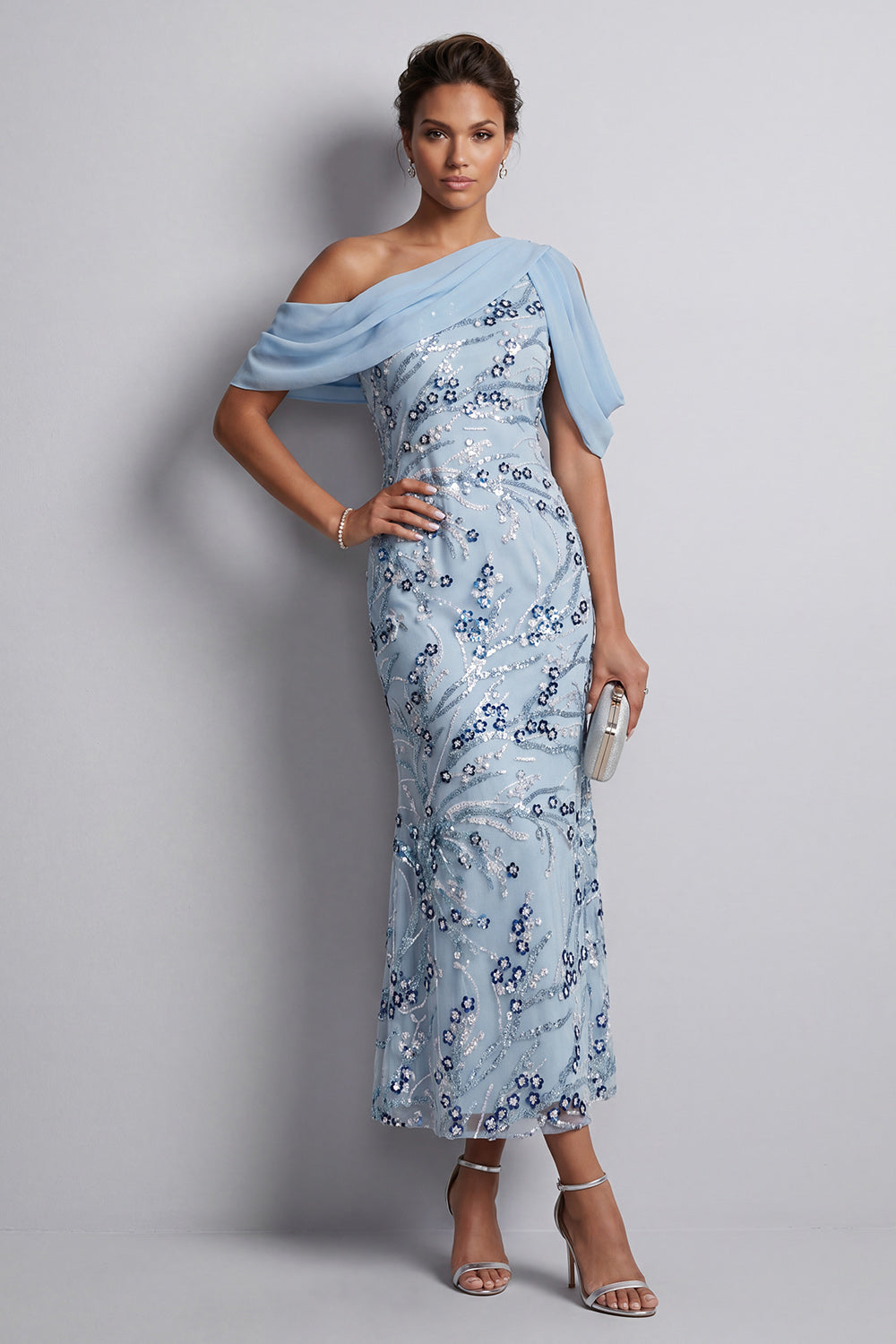 Vestido largo celeste con lentejuelas florales, un hombro, ajustado, para la madre de la novia
