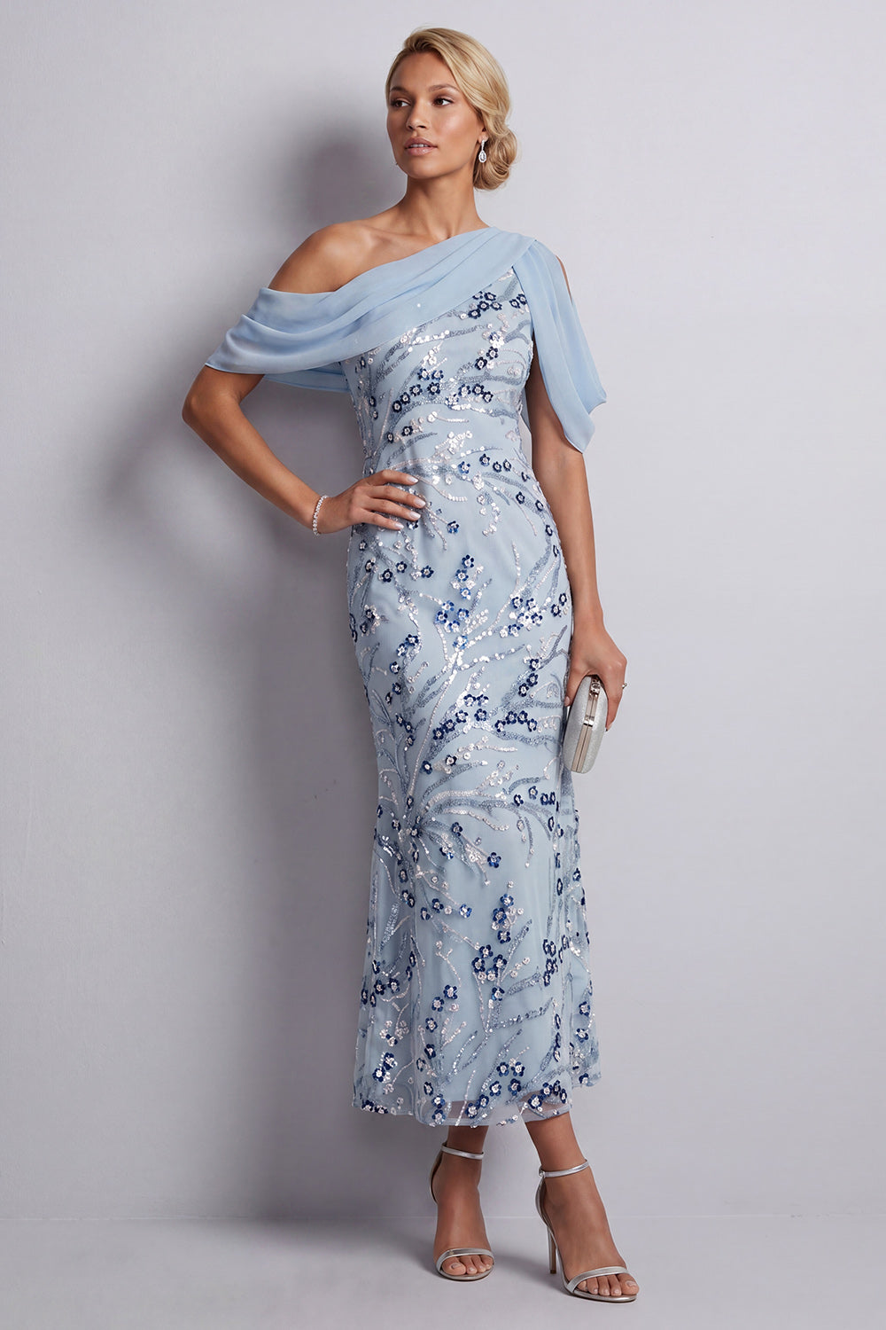 Vestido largo celeste con lentejuelas florales, un hombro, ajustado, para la madre de la novia