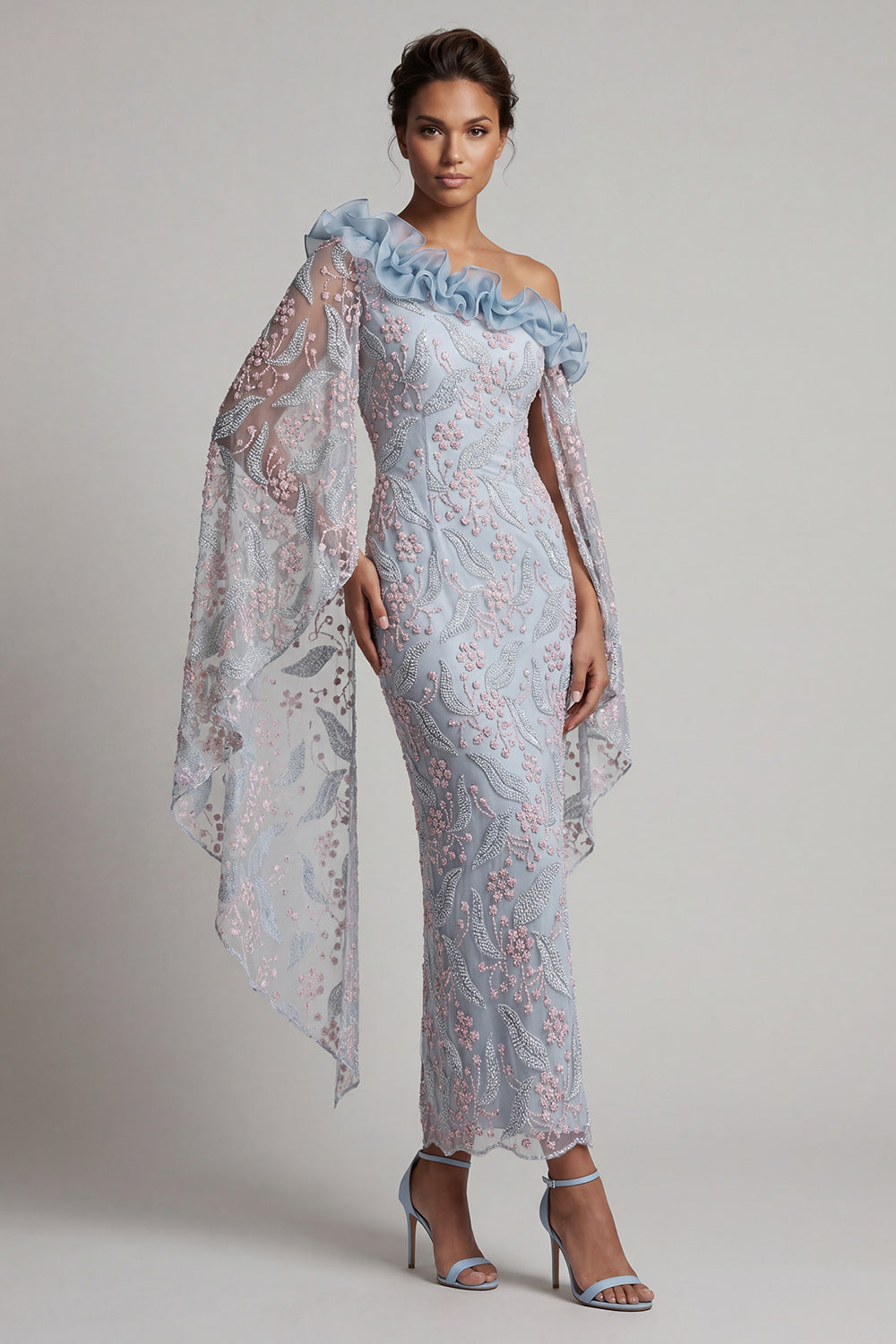 Dusty Blue Floral One Shoulder Bodycon Beaded Ruffled Long Mother of the Bride Dress