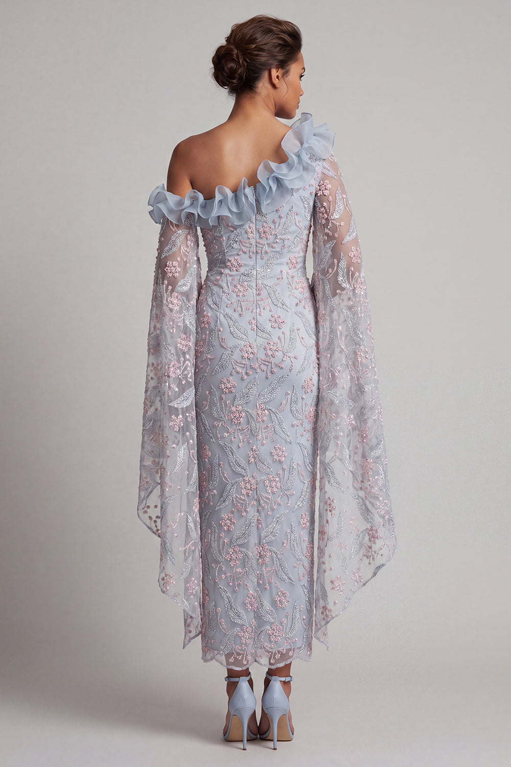 Dusty Blue Floral One Shoulder Bodycon Beaded Ruffled Long Mother of the Bride Dress