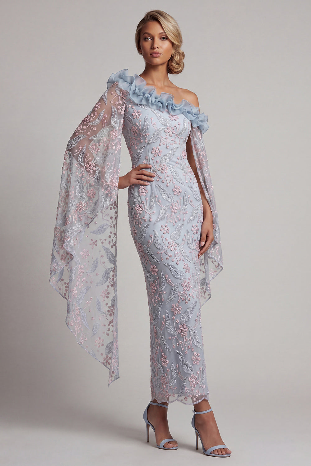 Dusty Blue Floral One Shoulder Bodycon Beaded Ruffled Long Mother of the Bride Dress