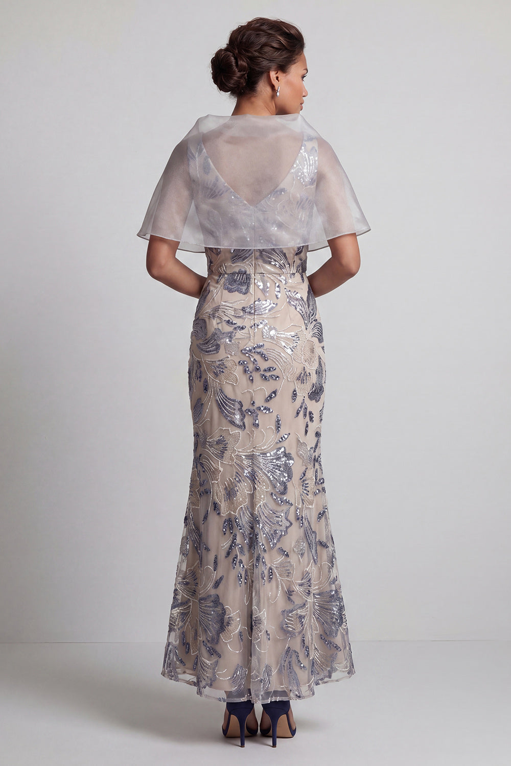 Silver Mermaid Floral V-Neck Sequins Long Mother of the Bride Dress with Cape