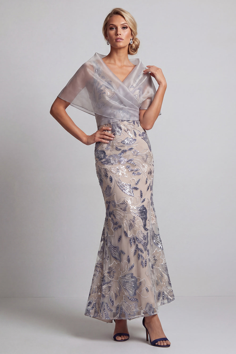 Silver Mermaid Floral V-Neck Sequins Long Mother of the Bride Dress with Cape