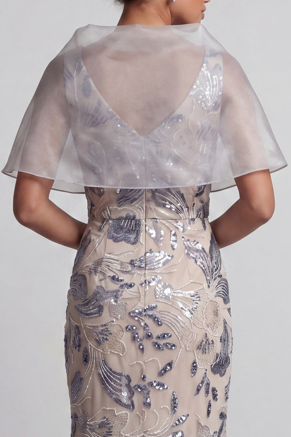 Silver Mermaid Floral V-Neck Sequins Long Mother of the Bride Dress with Cape