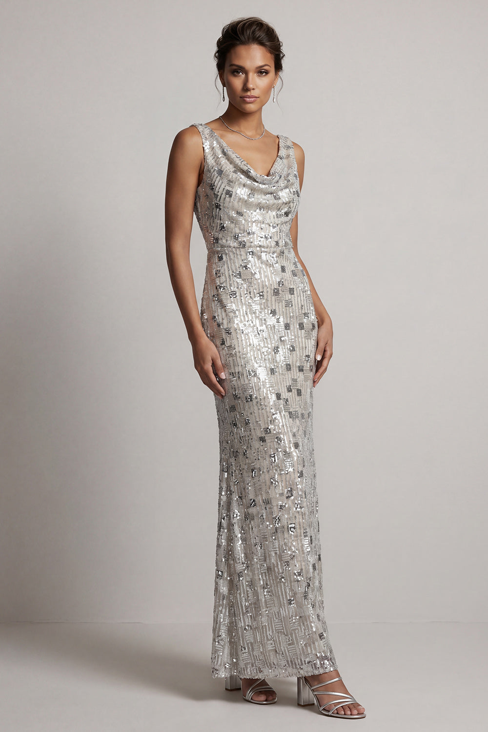 Sparkly Silver Cowl Neck Sequins Mermaid Long Mother of the Bride Dress