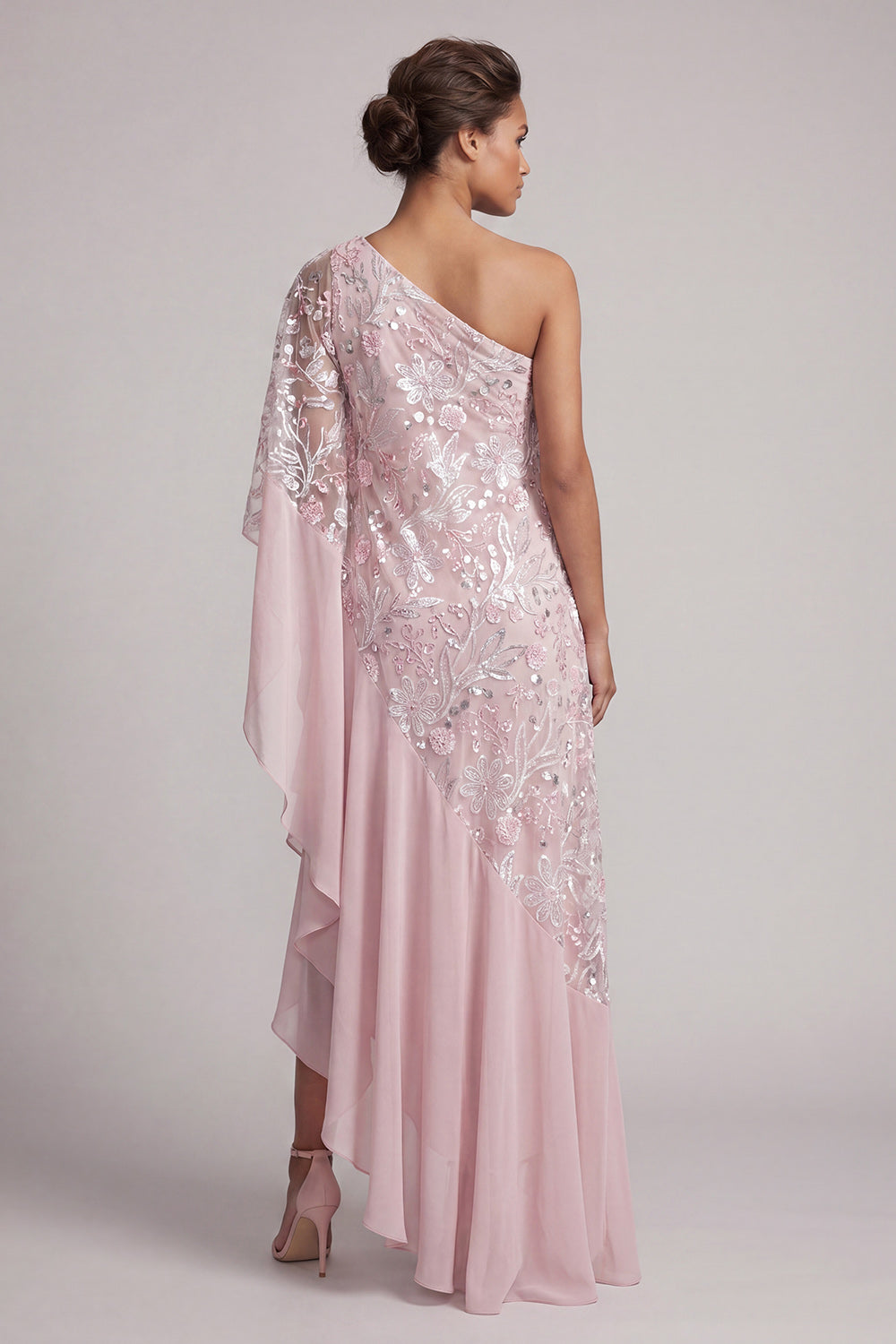 Pink One Shoulder Sheath Sequins Ruffled Long Mother of the Bride Dress with Beading