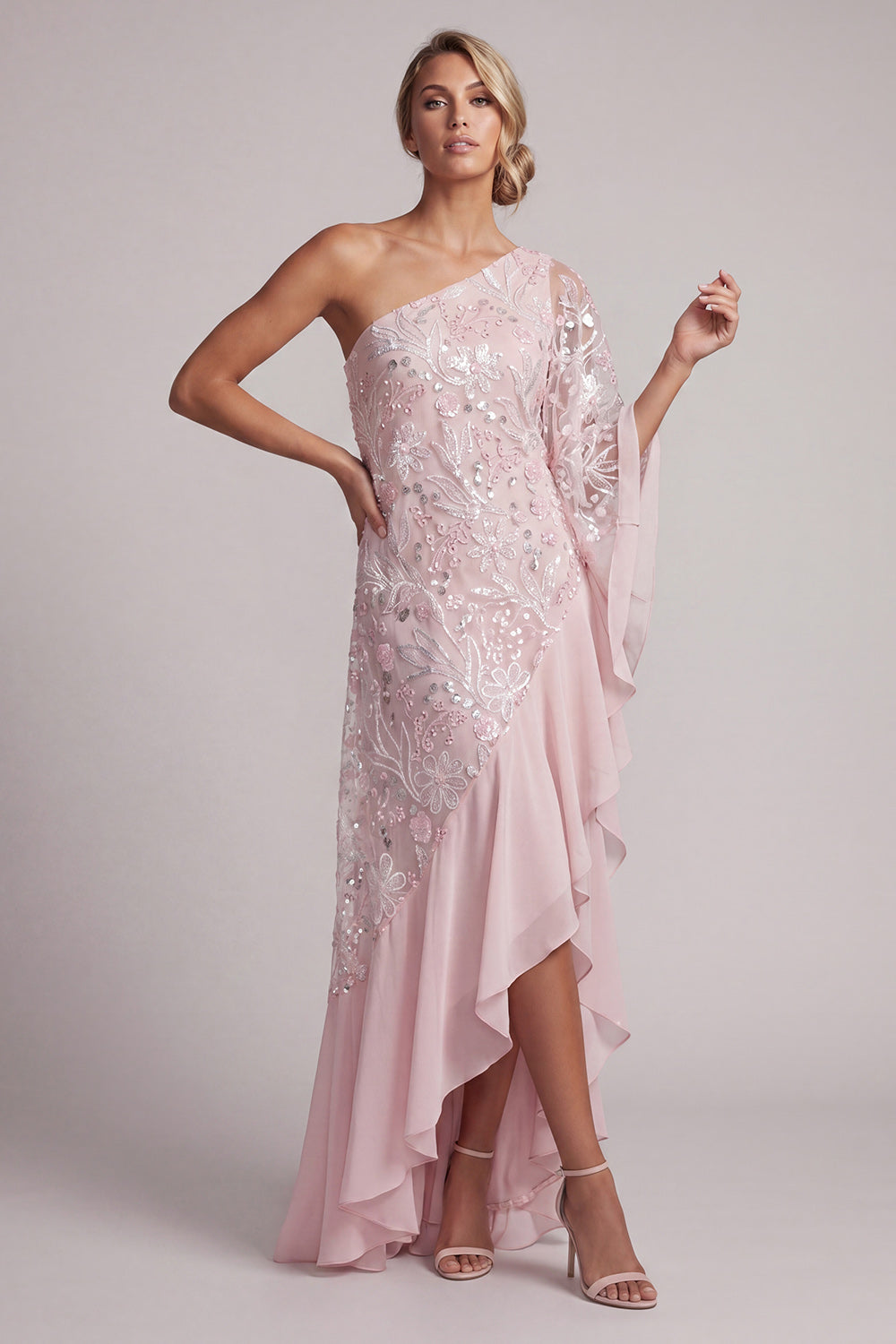 Pink One Shoulder Sheath Sequins Ruffled Long Mother of the Bride Dress with Beading