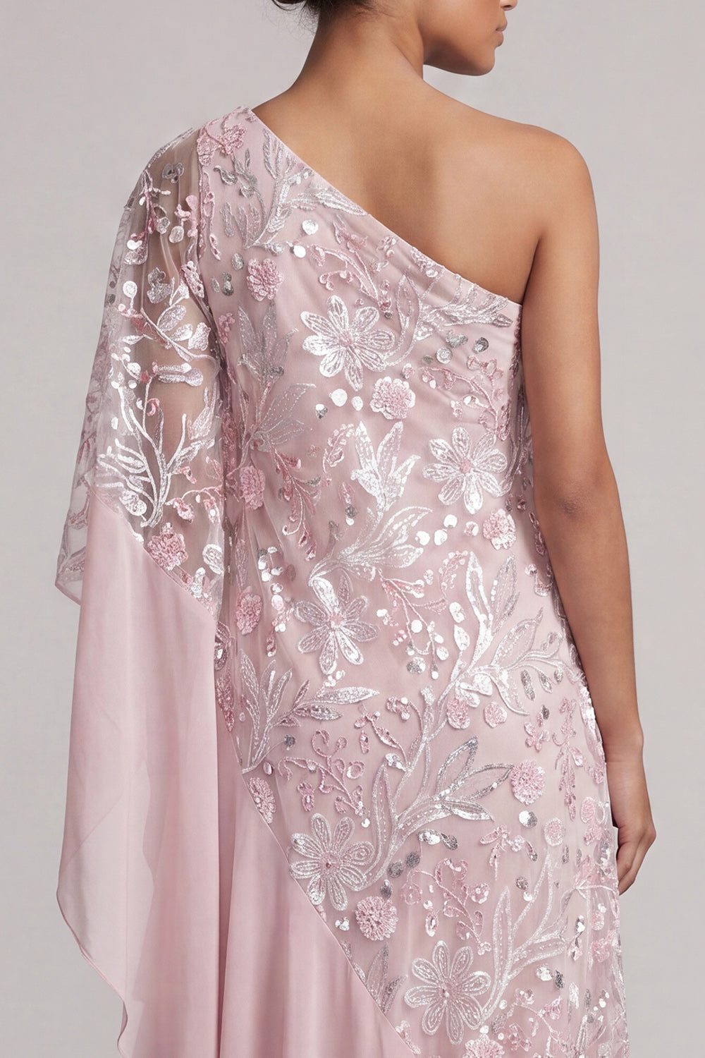 Pink One Shoulder Sheath Sequins Ruffled Long Mother of the Bride Dress with Beading