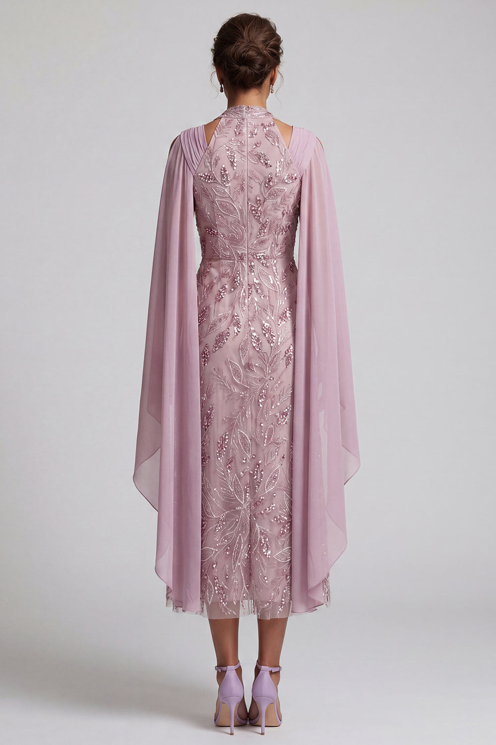 Fog Halter Neck Sequins A-Line Floral Midi Mother of the Bride Dress with Cape Sleeves